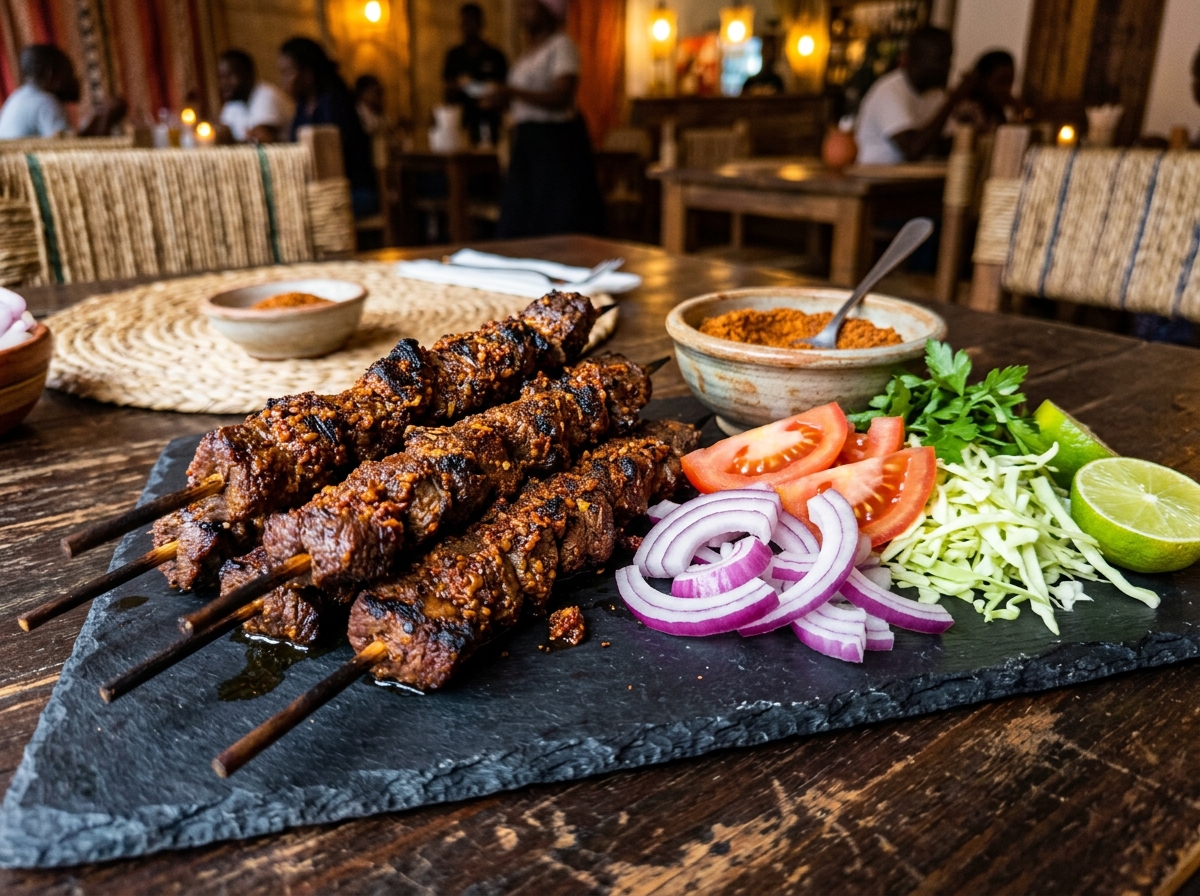 Spicy Grilled Beef Suya with onions and peppers